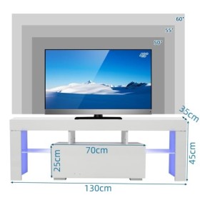 LEADZM Meuble TV LED, Banc TV Laqué 130x35x45 cm, Meuble TV avec Rangement Meuble Télé en Verre, Convient pour Salon ou Chamb
