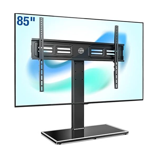 FITUEYES Support TV sur Pied pour Ecran de 50 à 85 Pouces LED LCD Plasma Support pour Téléviseur avec Base en Verre Pivotant 