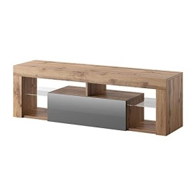 Selsey Hugo - Meuble TV/Banc TV 140 cm, Chene Lancaster/Gris Brillant, sans LED 