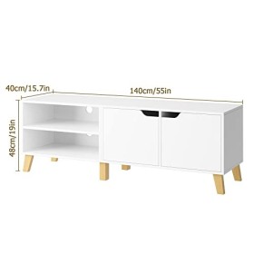 Meuble TV Blanc Banc TV 140cm Meuble de Salon Bas avec 2 Portes 2 Étagères Support pour Télévision pour Salon Chambre Moderne
