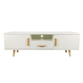 Tendencio STINIA - Meuble TV 120 cm Blanc 2 Portes 1 tiroir scandinave Pieds Bois
