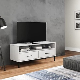 vidaXL Meuble TV en pin massif blanc avec pieds en métal, 2 tiroirs et 1 compartiment – Console multimédia de style industrie