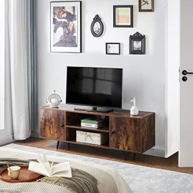 CLIPOP Meuble TV marron rustique pour TV jusquà 60", meuble TV avec 2 portes et 2 étagères de rangement ouvertes, table cent