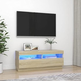 vidaXL Meuble TV avec Lumières LED Armoire Basse Centre de Divertissement Meuble Stéréo Salon Salle de Séjour Intérieur Chêne