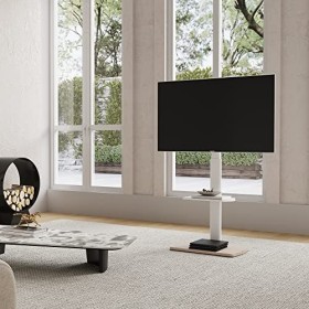 FITUEYES Support TV Pied avec Piédestal en Bois pour Ecran de 32 à 70 Pouces Plat ou Incurvé, Hauteur et Angle Réglable, VESA