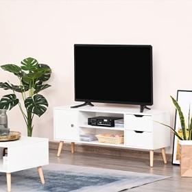 HOMCOM Meuble TV Banc TV Style scandinave Placard 2 niches 2 tiroirs Passe-Fils Panneaux Particules Blanc Bois pin