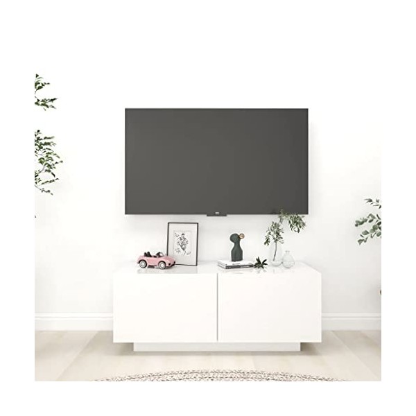 FIRBNUS Meuble TV Design Tendance Blanc Brillant 100x35x40 cm Aggloméré Armoire Média Salon Amplement d’Espace pour Garder et