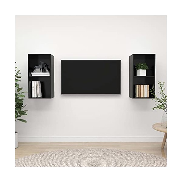 Meubles TV muraux 2 pcs Noir Brillant Aggloméré - Banc TV, Meuble TV Suspendu, Convient pour Salon ou Chambre