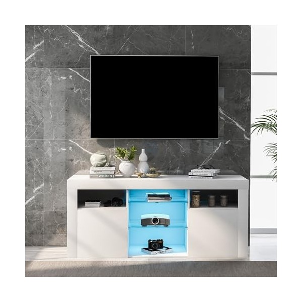 lulalula Meuble TV LED avec 2 armoires avec portes et 5 étagères ouvertes, éclairage LED 16 couleurs, meuble TV pour TV jusqu