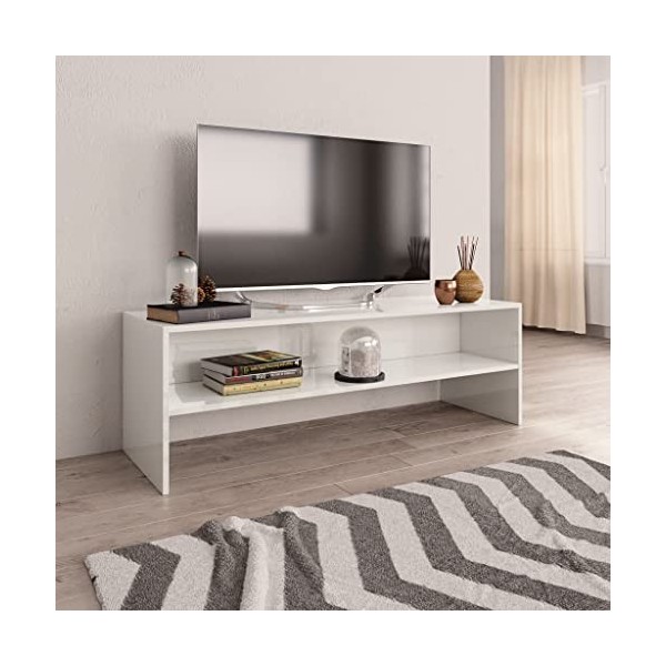 homiuse Meuble TV Blanc Brillant 120x40x40 cm Aggloméré Bibliothèque Style Classique Support de TV Table TV Meuble Salon Armo