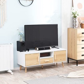 HOMCOM Meuble TV Banc TV Support TV pour télévision jusquà 46 Pouces Style scandinave avec 1 tiroir, 2 placards, 1 Niche, 1 