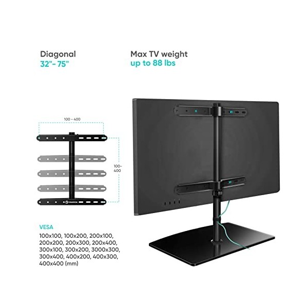 ONKRON PT3 BLK Support TV de Table Pied pour téléviseurs de 32 à 75 Pouces, Noir