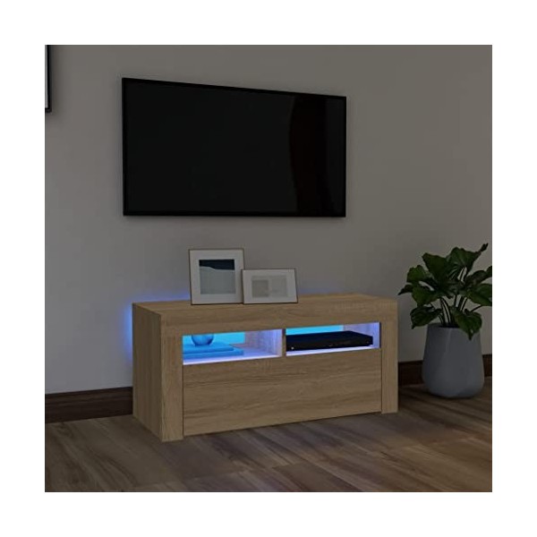 FIRBNUS Meuble TV avec Lumières LED Chêne Sonoma 90x35x40 cm Aggloméré Armoire Média Salon Amplement d’Espace pour Garder et 