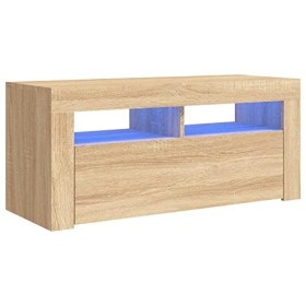 FIRBNUS Meuble TV avec Lumières LED Chêne Sonoma 90x35x40 cm Aggloméré Armoire Média Salon Amplement d’Espace pour Garder et 