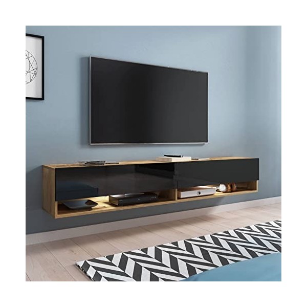 Mobilier-Deco Alex - Meuble TV Suspendu 1 Porte 2 niches Gris béton - 100 cm