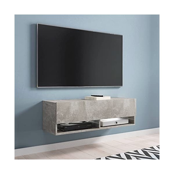 Mobilier-Deco Alex - Meuble TV Suspendu 1 Porte 2 niches Gris béton - 100 cm