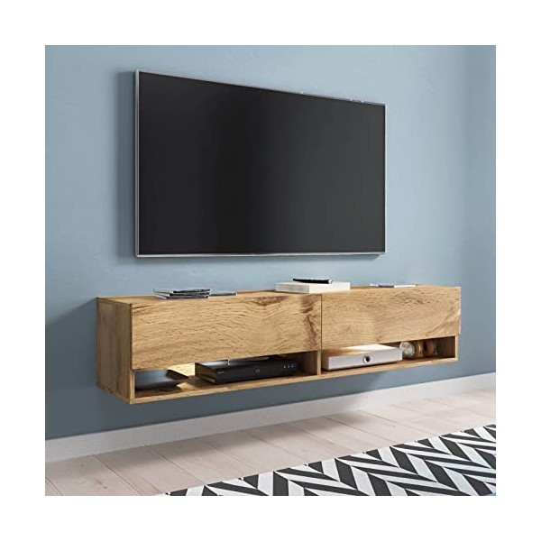 Mobilier-Deco Alex - Meuble TV Suspendu 1 Porte 2 niches Gris béton - 100 cm