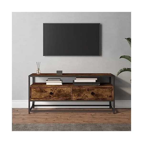 Higsose Meuble TV Design Élégant Chêne Fumé 100x35x45 cm Bois dingénierie Meuble de Multimédia avec Pieds en Métal Meuble de