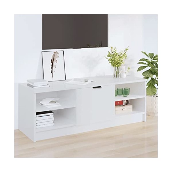 Annlera Meuble TV Blanc Brillant 102x35,5x36,5 cm Bois dingénierie Classique Banc TV Décorer Pièce Minimaliste Armoire TV Fo