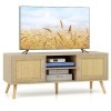 COSTWAY Meuble TV Bois, Meuble Tele à Porte Cannage avec 4 Compartiments pour TV 55", Banc TV 120cm à 4 Pieds en Bois Massif,