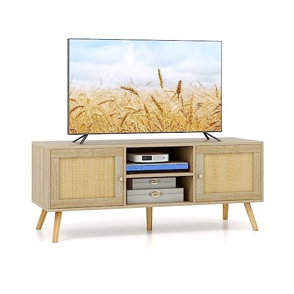 COSTWAY Meuble TV Bois, Meuble Tele à Porte Cannage avec 4 Compartiments pour TV 55", Banc TV 120cm à 4 Pieds en Bois Massif,