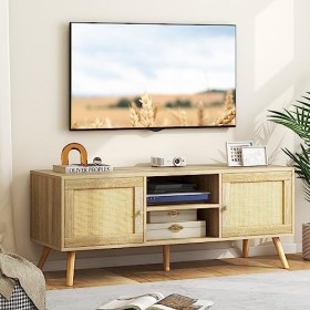 COSTWAY Meuble TV Bois, Meuble Tele à Porte Cannage avec 4 Compartiments pour TV 55", Banc TV 120cm à 4 Pieds en Bois Massif,