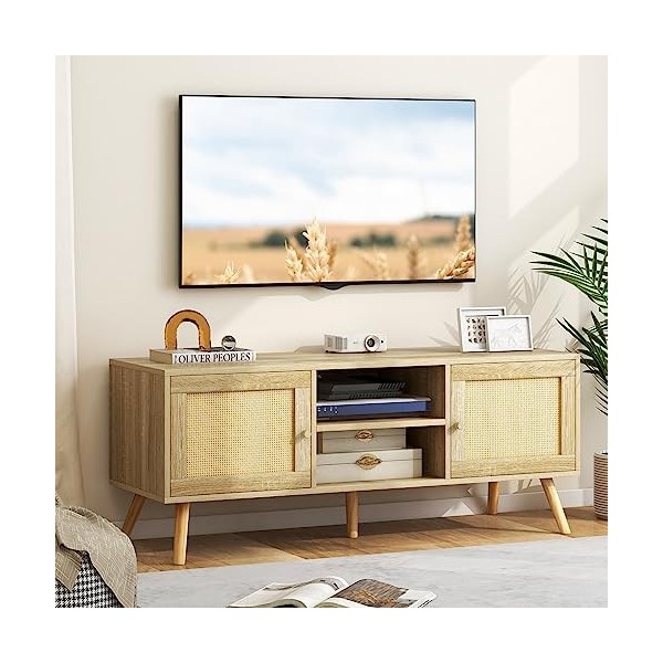 COSTWAY Meuble TV Bois, Meuble Tele à Porte Cannage avec 4 Compartiments pour TV 55", Banc TV 120cm à 4 Pieds en Bois Massif,