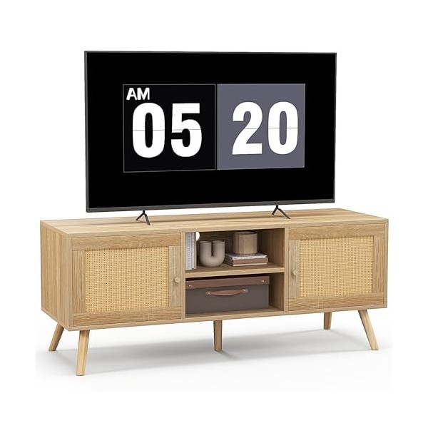 KOMFOTTEU Banc TV Bohème en Bois, Table TV avec 2 Armoires à Porte en Rotin & Étagère Ouverte à 2 Niveaux, Meuble TV pour Tél