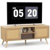 KOMFOTTEU Banc TV Bohème en Bois, Table TV avec 2 Armoires à Porte en Rotin & Étagère Ouverte à 2 Niveaux, Meuble TV pour Tél
