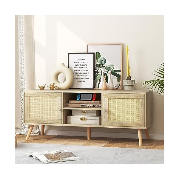 KOMFOTTEU Banc TV Bohème en Bois, Table TV avec 2 Armoires à Porte en Rotin & Étagère Ouverte à 2 Niveaux, Meuble TV pour Tél
