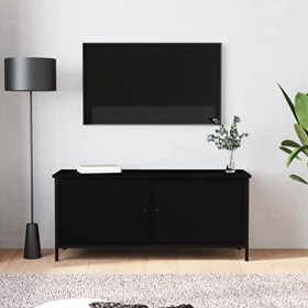 Higsose Meuble TV avec Portes Noir 102x35x45 cm Bois dingénierie Meuble de Multimédia avec Pieds en Métal Meuble de Chambre 