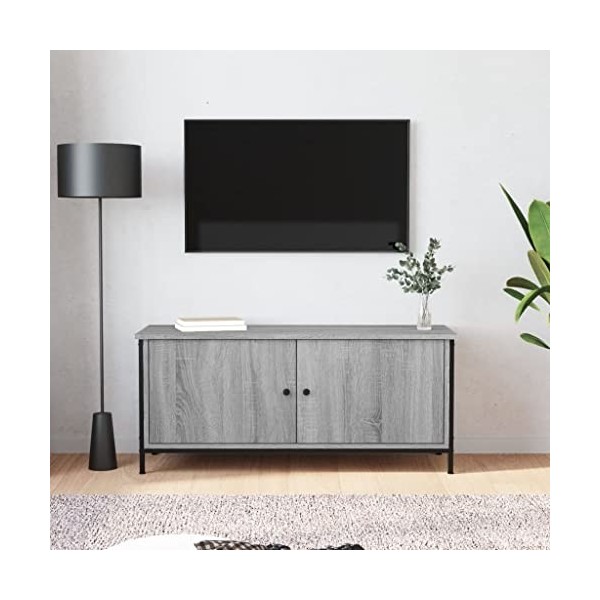 Higsose Meuble TV avec Portes Sonoma Gris 102x35x45cm Bois dingénierie Meuble de Multimédia avec Pieds en Métal Meuble de Ch