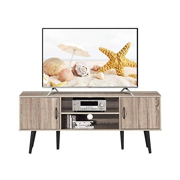 COSTWAY Meuble TV pour Télévision Jusquà 60 Pouces avec 2 Armoires de Rangement, 2 Etagères Ouverte, 147 x 39,5 x 61 CM