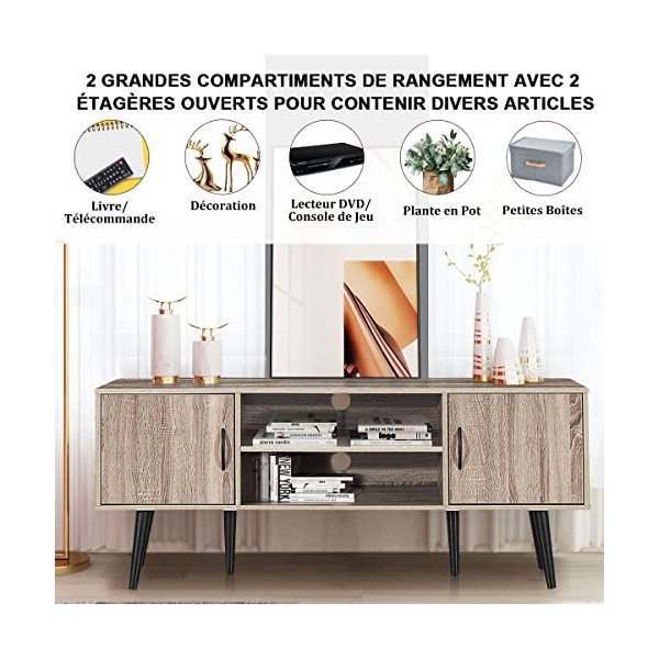 COSTWAY Meuble TV pour Télévision Jusquà 60 Pouces avec 2 Armoires de Rangement, 2 Etagères Ouverte, 147 x 39,5 x 61 CM