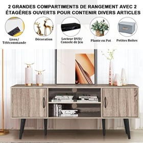 COSTWAY Meuble TV pour Télévision Jusquà 60 Pouces avec 2 Armoires de Rangement, 2 Etagères Ouverte, 147 x 39,5 x 61 CM