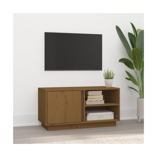 Annlera Meuble TV Marron Miel 80x35x40,5 cm avec 3 Compartiments Bois de Pin Massif Classique Banc TV Dessus de Meuble Robust