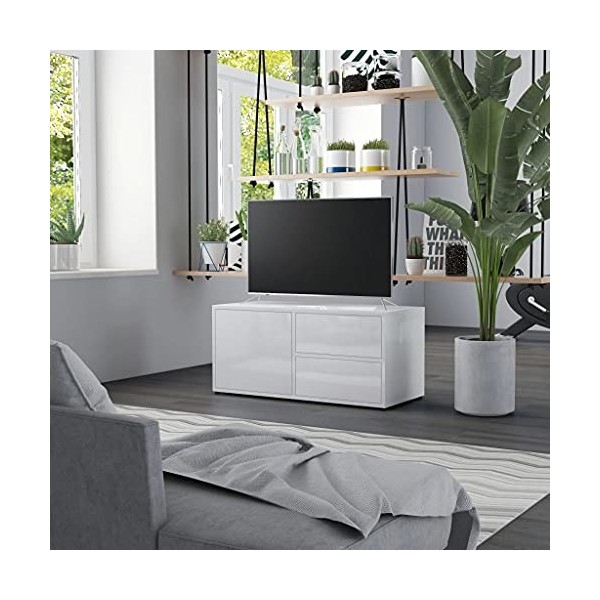 Meuble TV avec 2 tiroirs 1 Porte | Style Scandinave | Rangement matériel télé Audio Video Gaming | 80x34x36cm Blanc Brillant