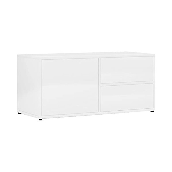 Meuble TV avec 2 tiroirs 1 Porte | Style Scandinave | Rangement matériel télé Audio Video Gaming | 80x34x36cm Blanc Brillant