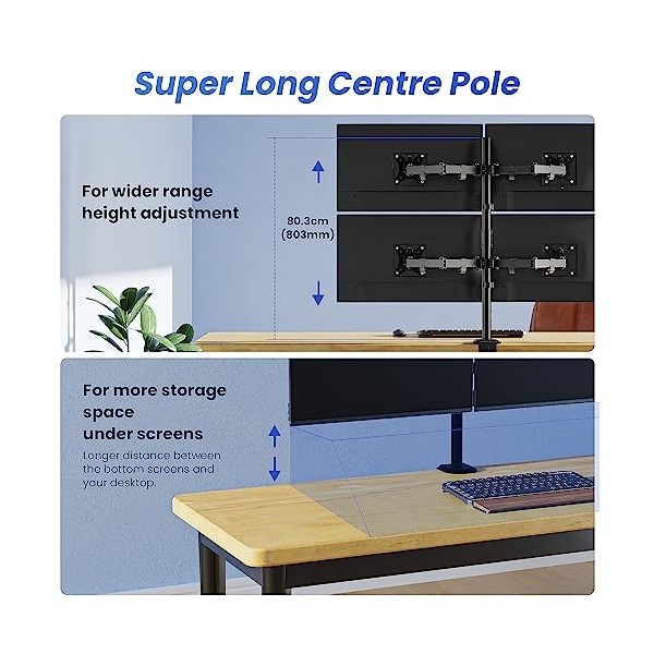 MounTeck Lot de 4 supports de moniteur pour écrans de 17 à 32" - Très longue barre - Inclinable et réglable en hauteur - 9 kg