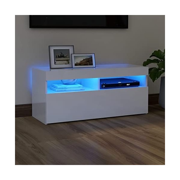 Hovothy Meuble TV avec Lumières LED RVB Blanc Brillant 90x35x40 cm Bois dingénierie Résistance à lhumidité Armoire Stéréo G