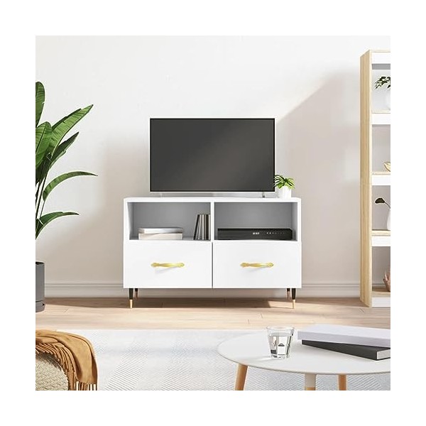 Hovothy Meuble TV Blanc 80x36x50 cm Bois dingénierie Unité Télévision avec Surface Lisse Tendance Meuble de Salon Space de D