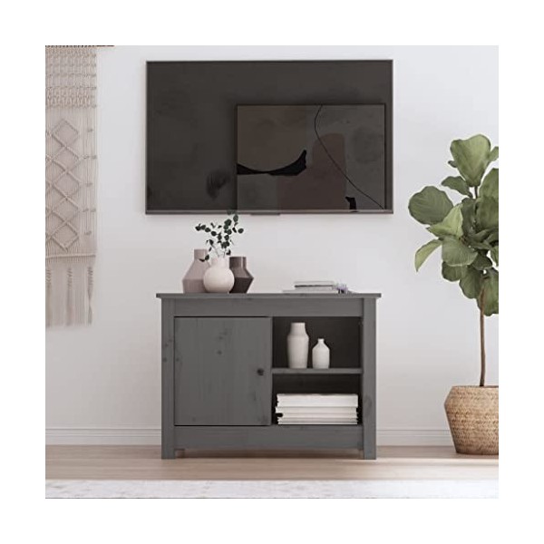 Meuble TV Gris 70x36,5x52 cm Bois de pin Massif - Meuble TV de Salon Banc Télé Industriel, Support Rangement Console Jeux Eta