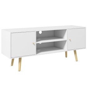 HOMCOM Meuble TV Banc TV Style scandinave 2 Portes 2 niches Pieds en Bois pin Panneaux Blanc - 120 x 34 x 50 cm