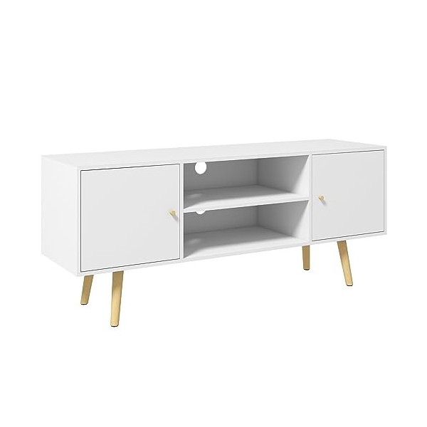 HOMCOM Meuble TV Banc TV Style scandinave 2 Portes 2 niches Pieds en Bois pin Panneaux Blanc - 120 x 34 x 50 cm