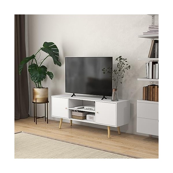 HOMCOM Meuble TV Banc TV Style scandinave 2 Portes 2 niches Pieds en Bois pin Panneaux Blanc - 120 x 34 x 50 cm