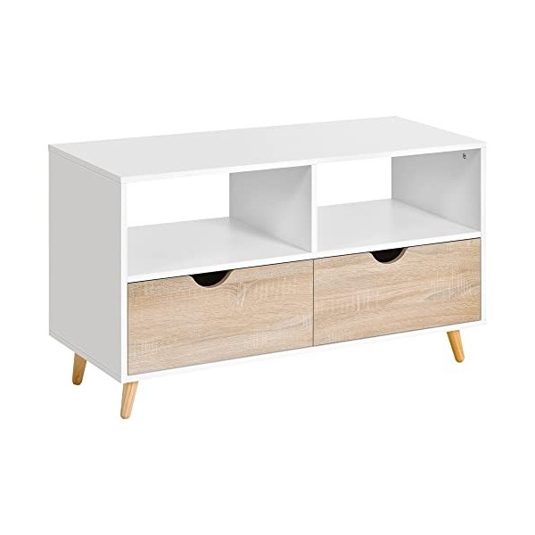 HOMCOM Meuble TV Bas sur Pieds Style scandinave 2 tiroirs Coloris chêne Clair Blanc