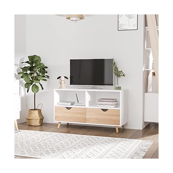 HOMCOM Meuble TV Bas sur Pieds Style scandinave 2 tiroirs Coloris chêne Clair Blanc