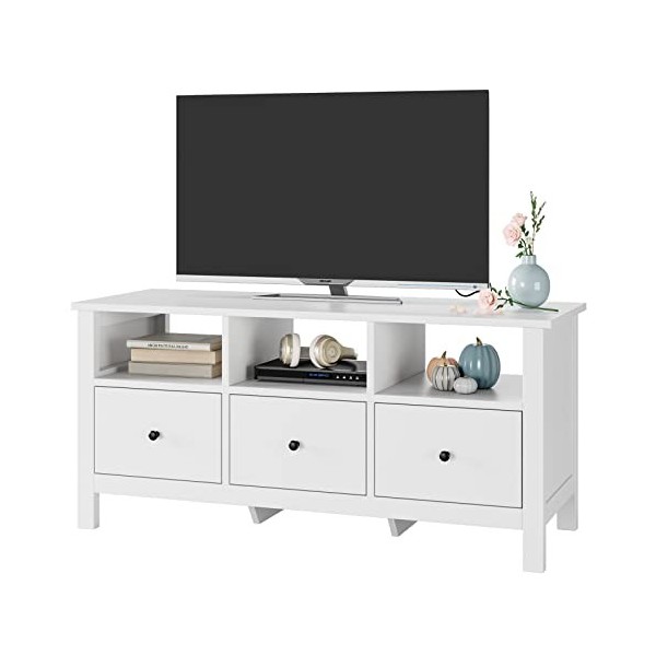 FOREHILL Meuble TV Banc TV Blanc Meuble Tele avec 3 Tiroirs 3 Étagères Support Télé pour Salon Chambre en Bois Moderne 108x40
