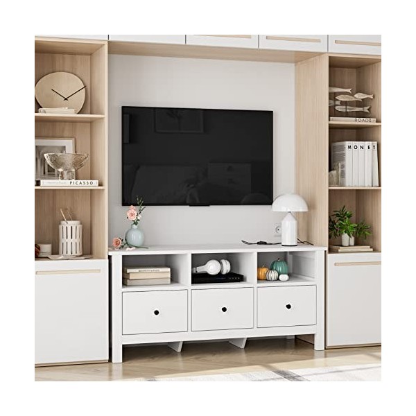 FOREHILL Meuble TV Banc TV Blanc Meuble Tele avec 3 Tiroirs 3 Étagères Support Télé pour Salon Chambre en Bois Moderne 108x40