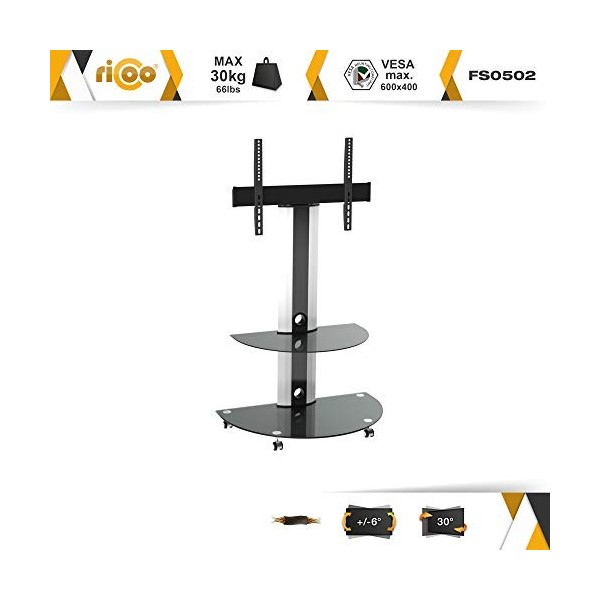 RICOO Support TV sur roulettes FS0502 30-65" env. 76-165cm Mobile Orientable Universel Meuble Tele avec Étagère VESA 600 x 